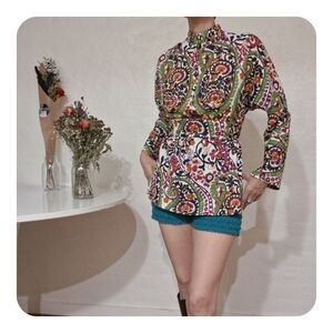 Vintage 70 Colorful Paisley High Collar Blouse Boho Festival Psychadelic